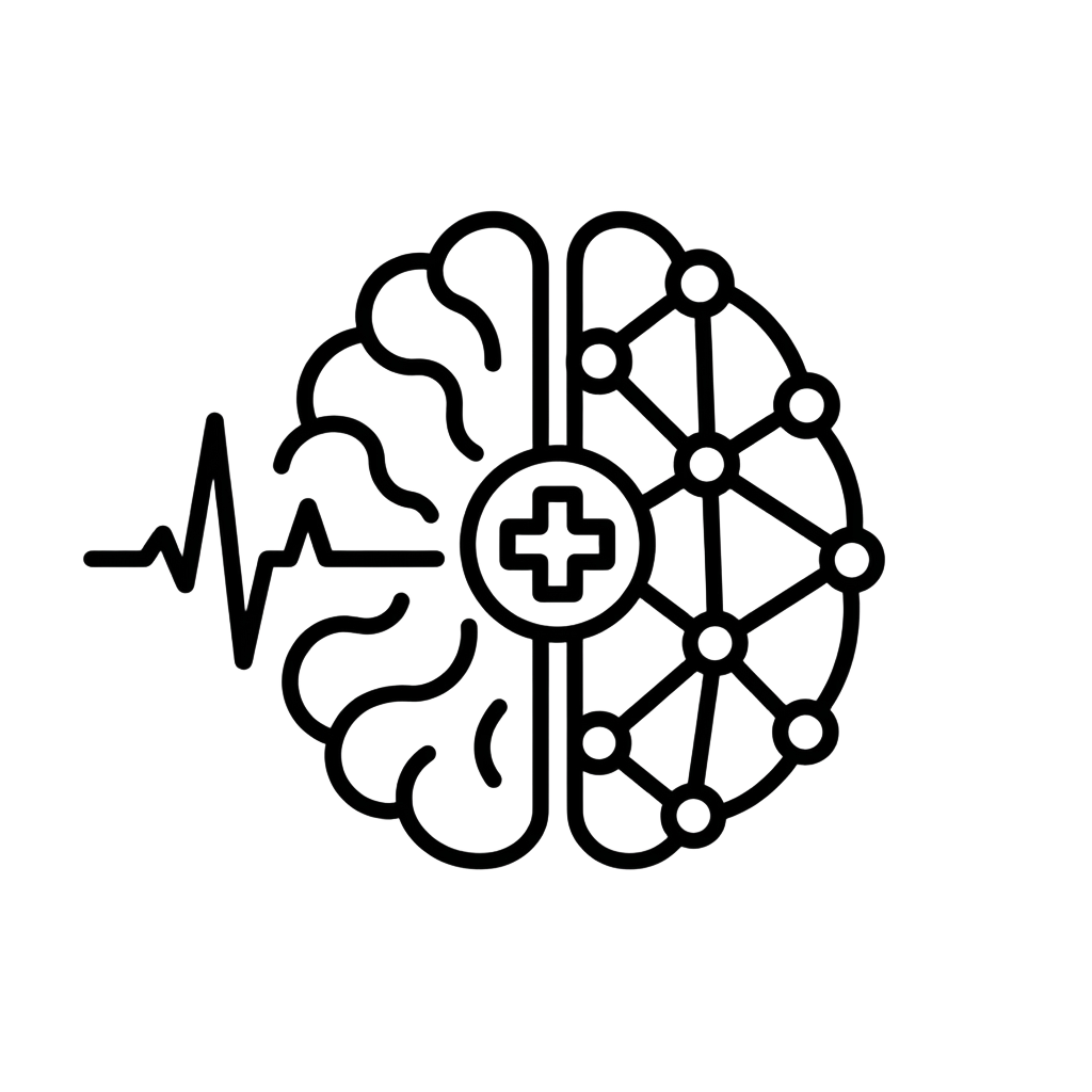 Line drawing of a brain combining a heartbeat pulse, neural network and medical cross